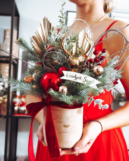 Kompozycja świąteczna renifer złoty kremowe pudełko  (PREMIUM)