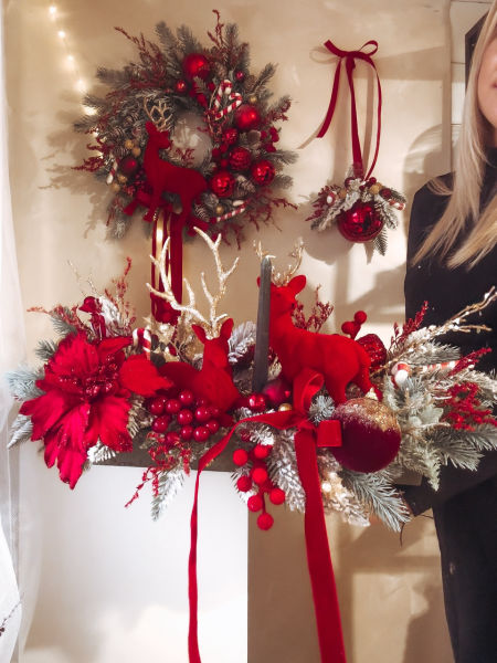 Kompozycja na stół podłużna czerwień renifery świeca (PREMIUM)