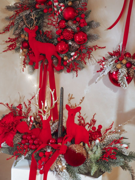 Kompozycja na stół podłużna czerwień renifery świeca (PREMIUM) zdjęcie 2