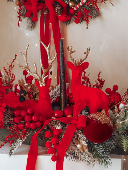Kompozycja na stół podłużna czerwień renifery świeca (PREMIUM) zdjęcie 1