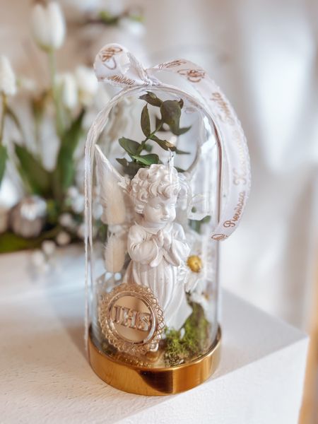 Szklana kopułaz wieczną różą Pamiątka Pierwszej Komunii Świętej Anioł (PREMIUM)