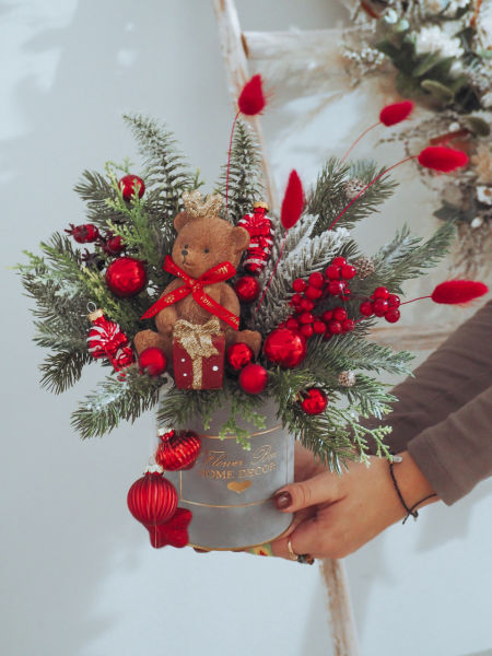 Kompozycja świąteczna miś czerwień  (PREMIUM)