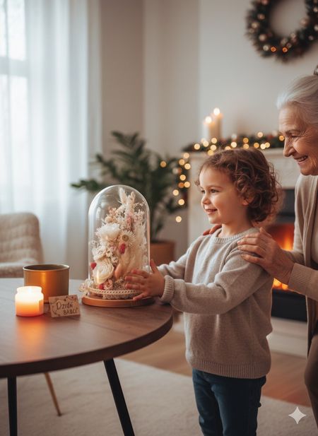 Szklana kopuła z bukietem suszonych i stabilizowanych kwiatów  (PREMIUM)